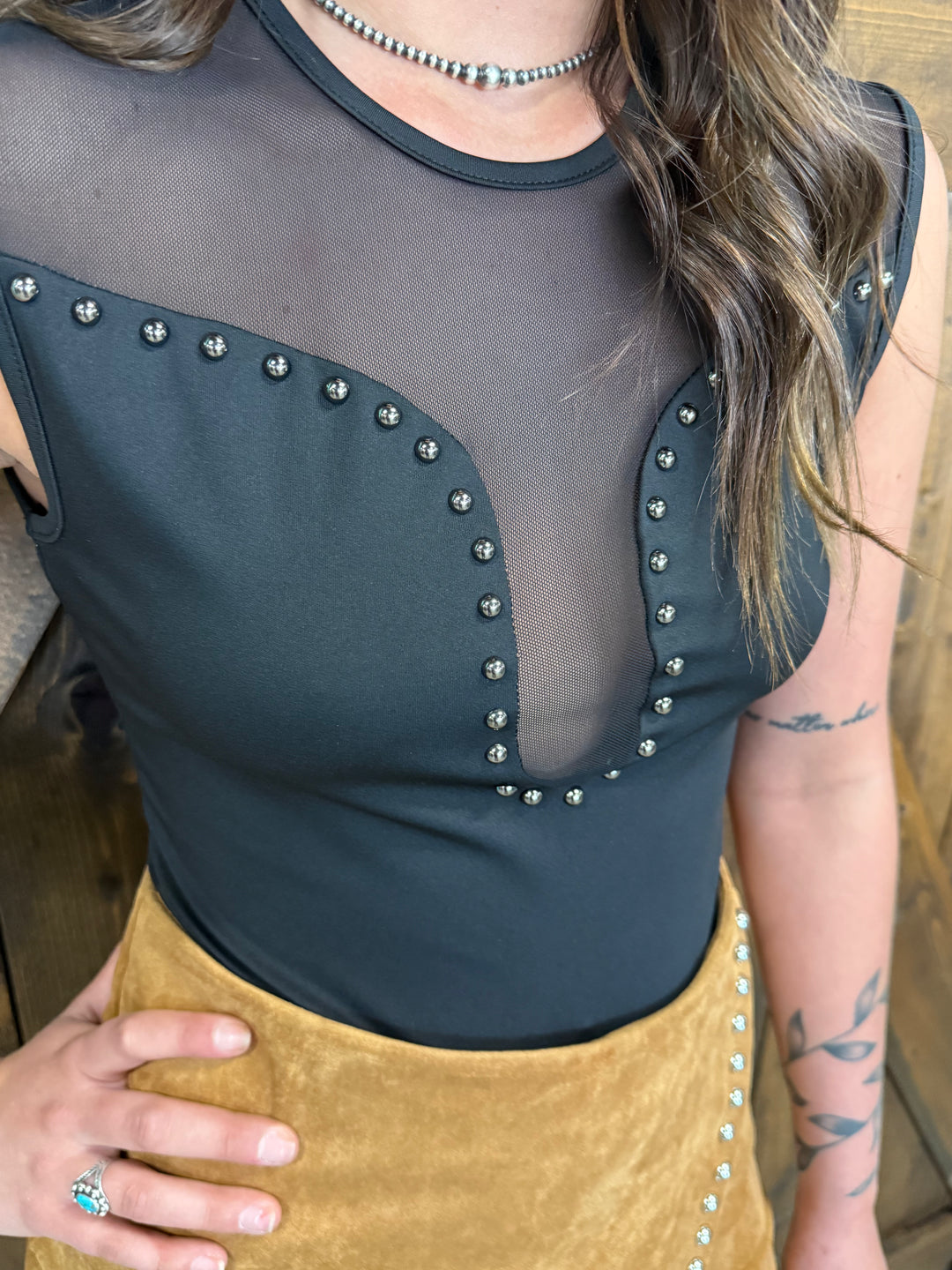 L&B Black Studded Mesh Front Bodysuit