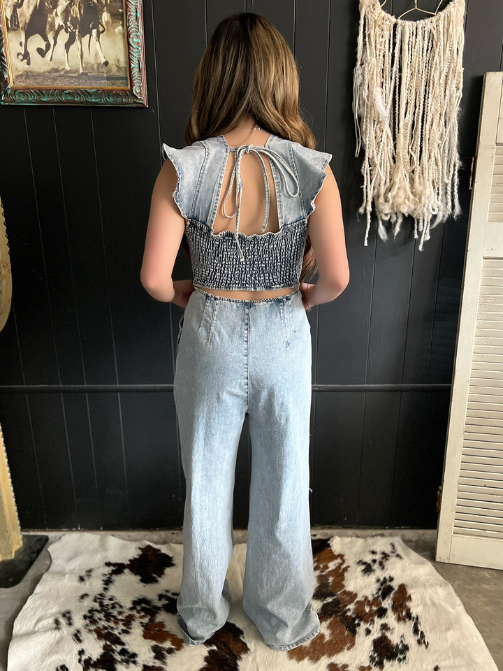 Ruffled Denim Open Smocked Back Jumpsuit*