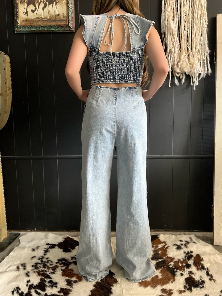 Ruffled Denim Open Smocked Back Jumpsuit*