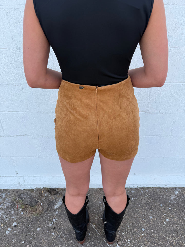 L&B Camel Stretch Suede High Rise Studded Skort