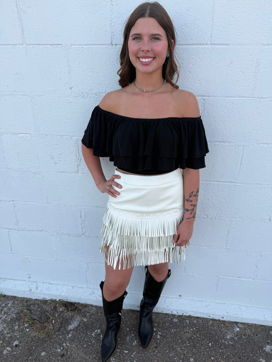 Black Off The Shoulder Strap Ruffle Crop Top