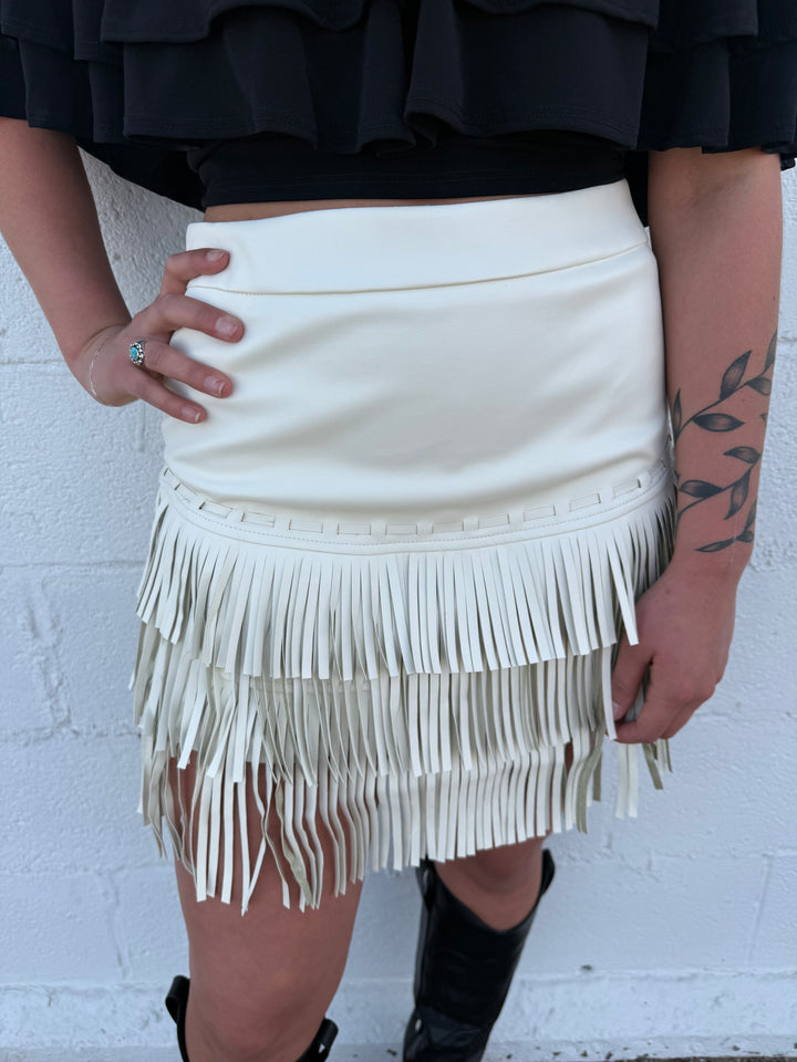 L&B Ivory Stitched Tier Fringe Skirt
