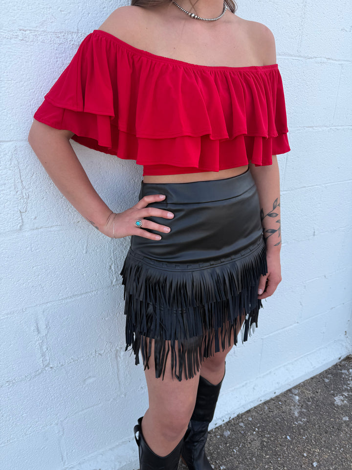 L&B Black Stitched Tier Fringe Skirt