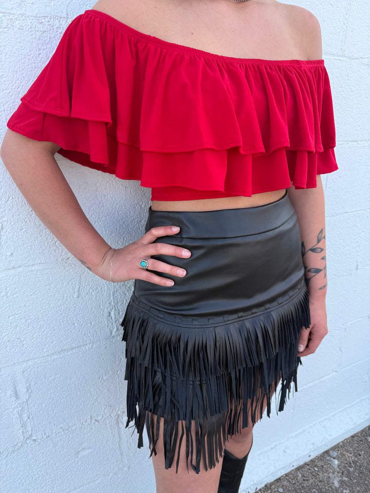 L&B Black Stitched Tier Fringe Skirt