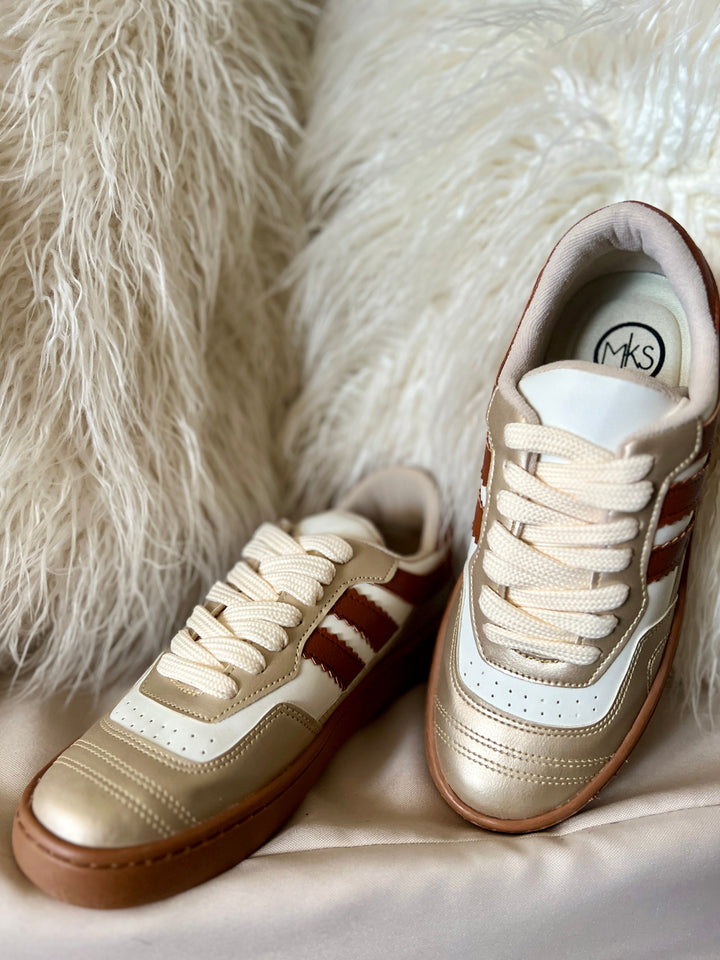 Maker's Shoes I Gussieduponline sneakers. tennis shoes. super comfortable. white. gold. rust. striped. athletic shoe. Women's Boutique. Women Owned Boutique. Small Business.