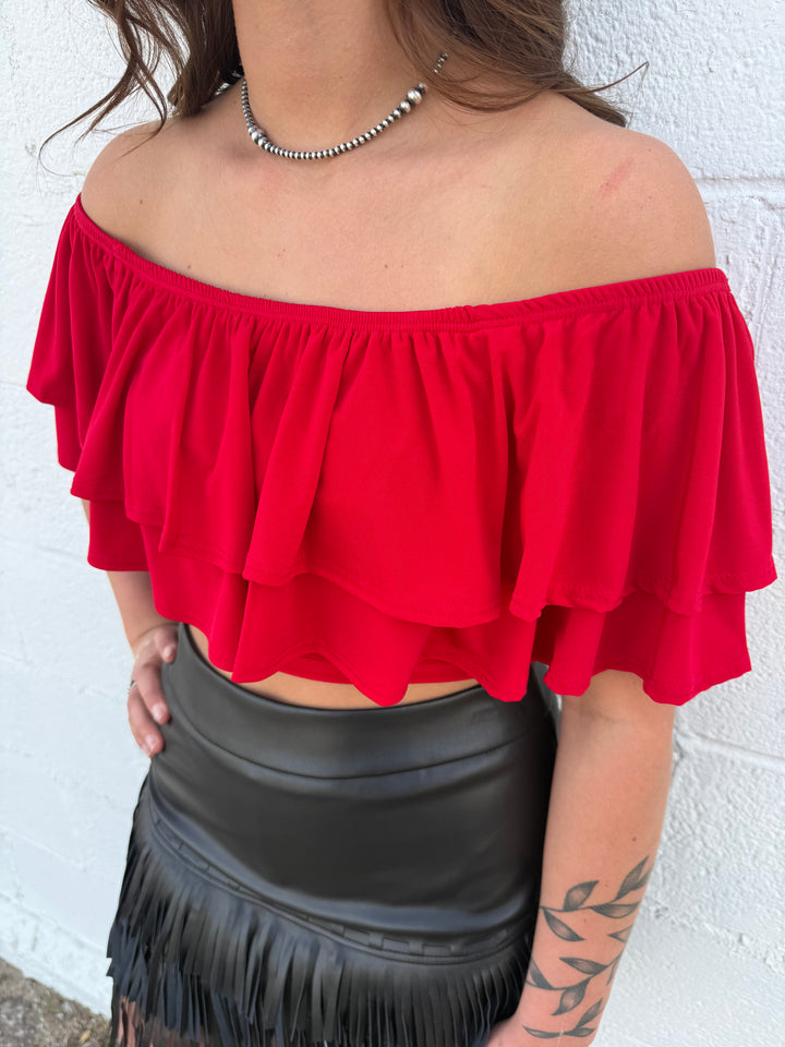 Red Off The Shoulder Strap Ruffle Crop Top