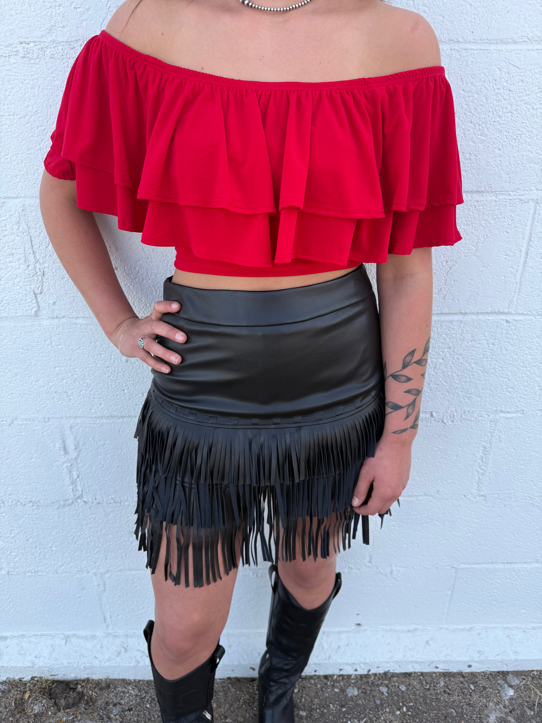 L&B Black Stitched Tier Fringe Skirt