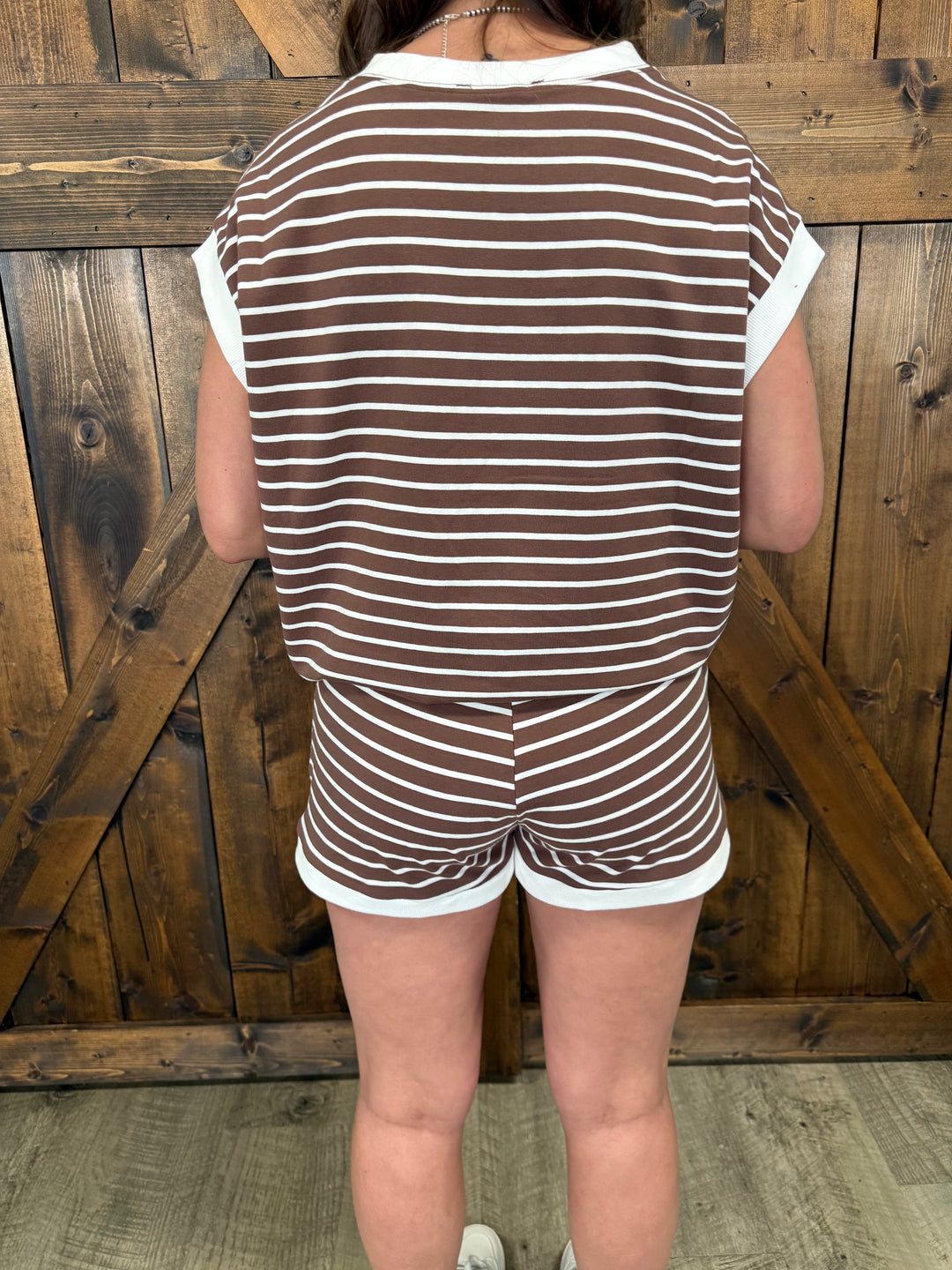 Brown Stripe Contrast Trim SS Top & Short Set