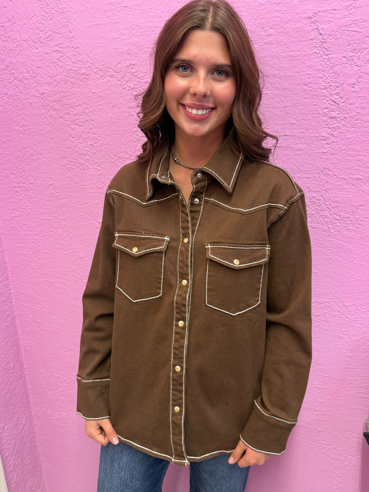 L&B Brown Denim Contrast Stitching Cowboy Button Down Top