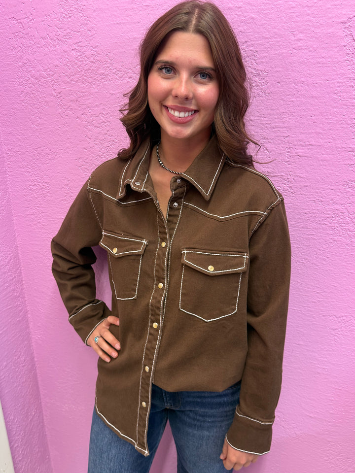 L&B Brown Denim Contrast Stitching Cowboy Button Down Top