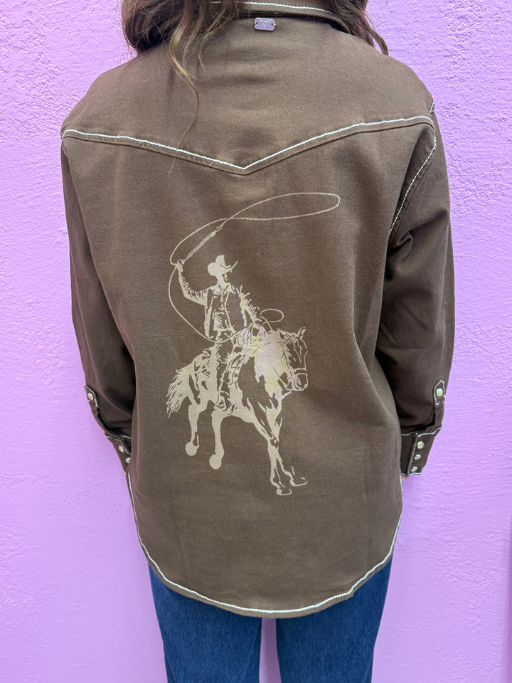 L&B Brown Denim Contrast Stitching Cowboy Button Down Top