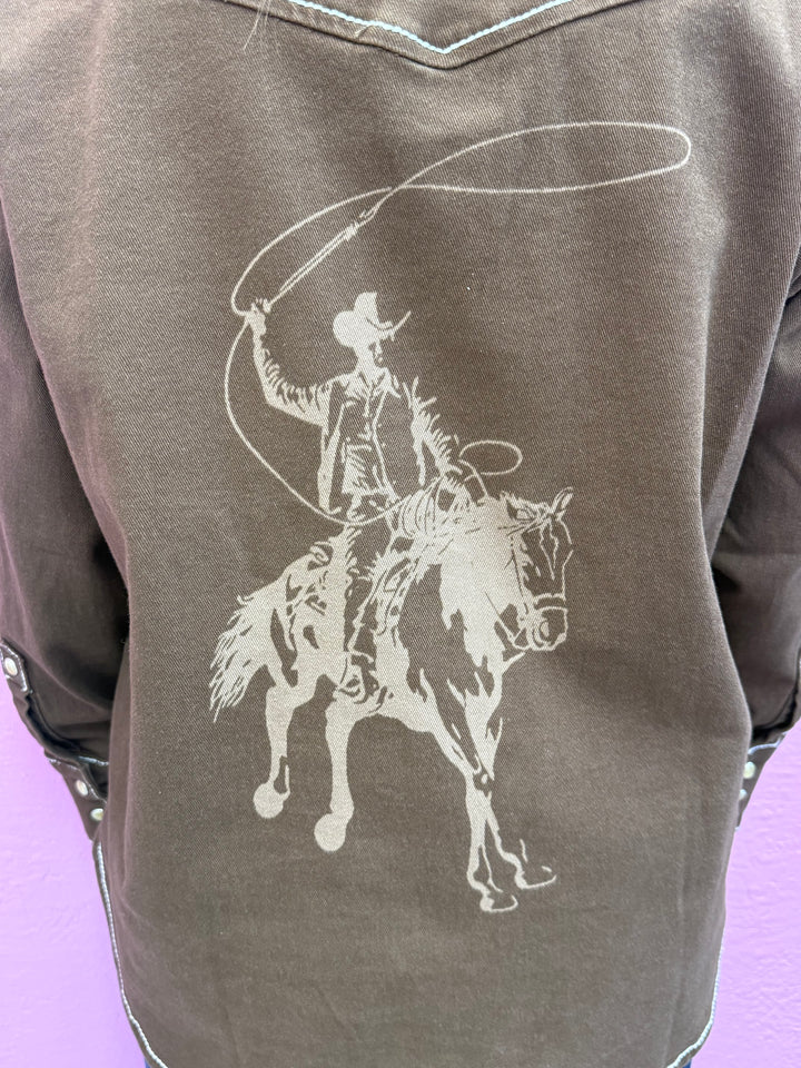 L&B Brown Denim Contrast Stitching Cowboy Button Down Top