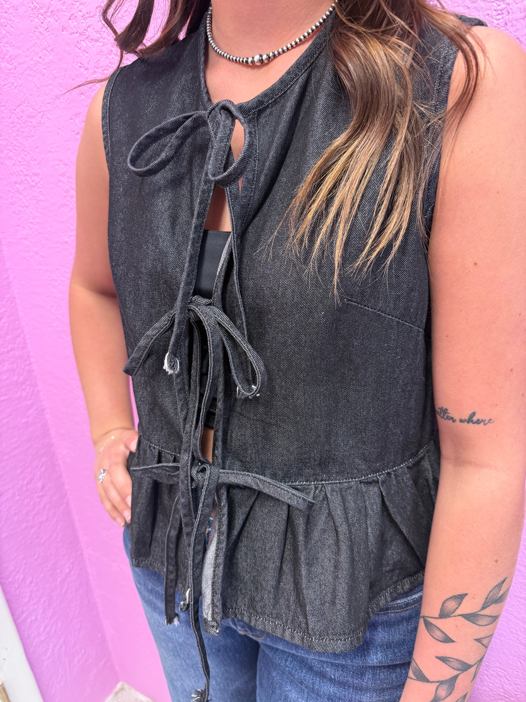 Black Denim Bow Tie Vest