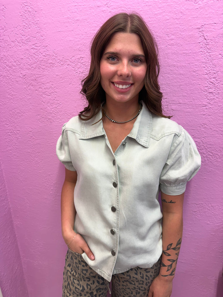 L&B Mint Denim Button Down Puff Sleeve Top