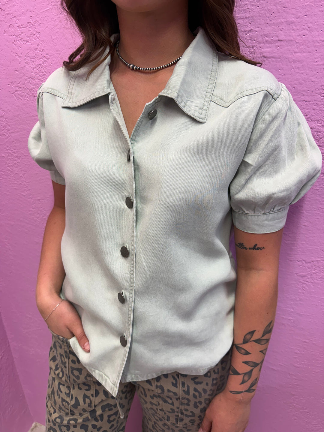 L&B Mint Denim Button Down Puff Sleeve Top