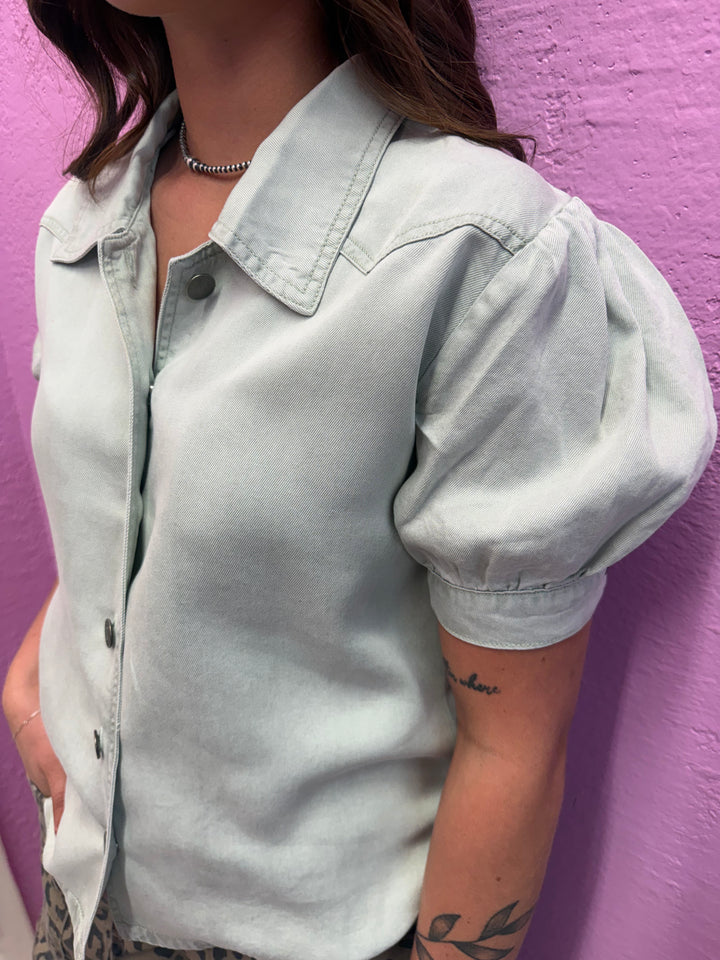 L&B Mint Denim Button Down Puff Sleeve Top