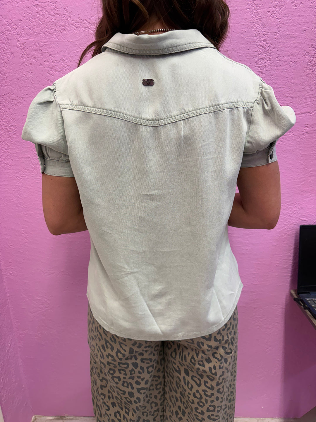 L&B Mint Denim Button Down Puff Sleeve Top
