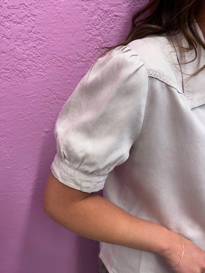 L&B Ivory Denim Button Down Puff Sleeve Top