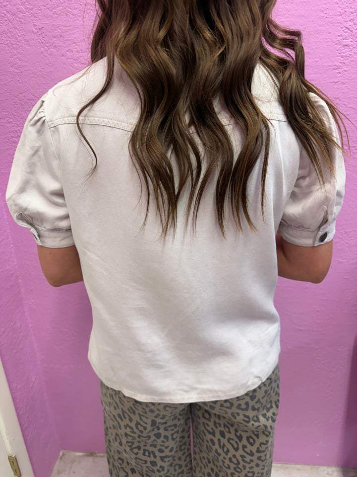 L&B Ivory Denim Button Down Puff Sleeve Top