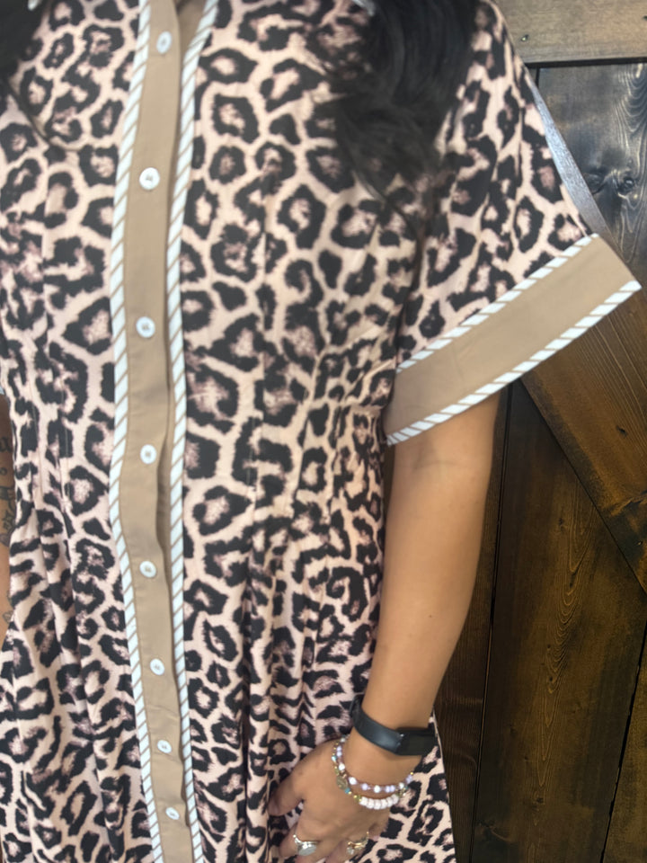 Leopard Button Up Midi Dress w/ Collar