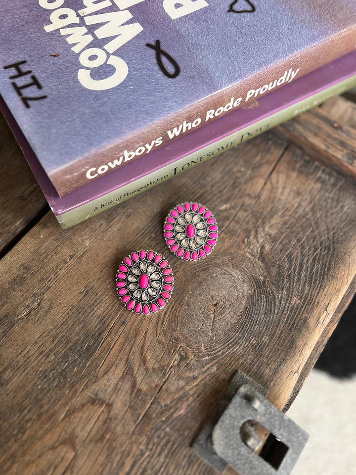 Large Pink And Rhinestone Cluster Post Earring