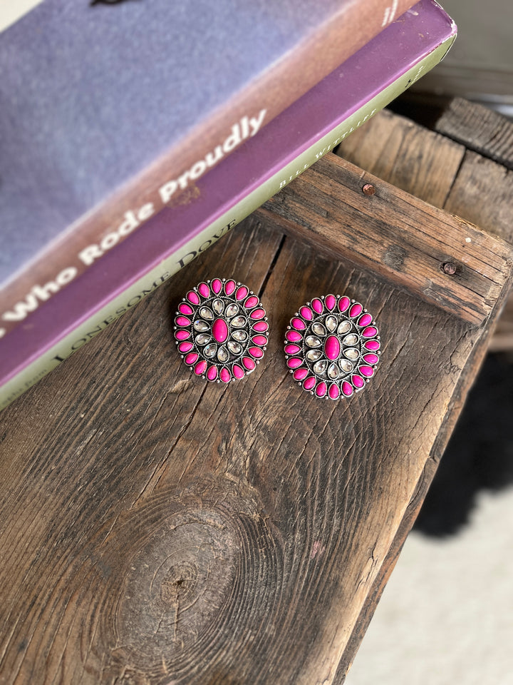 Large Pink And Rhinestone Cluster Post Earring