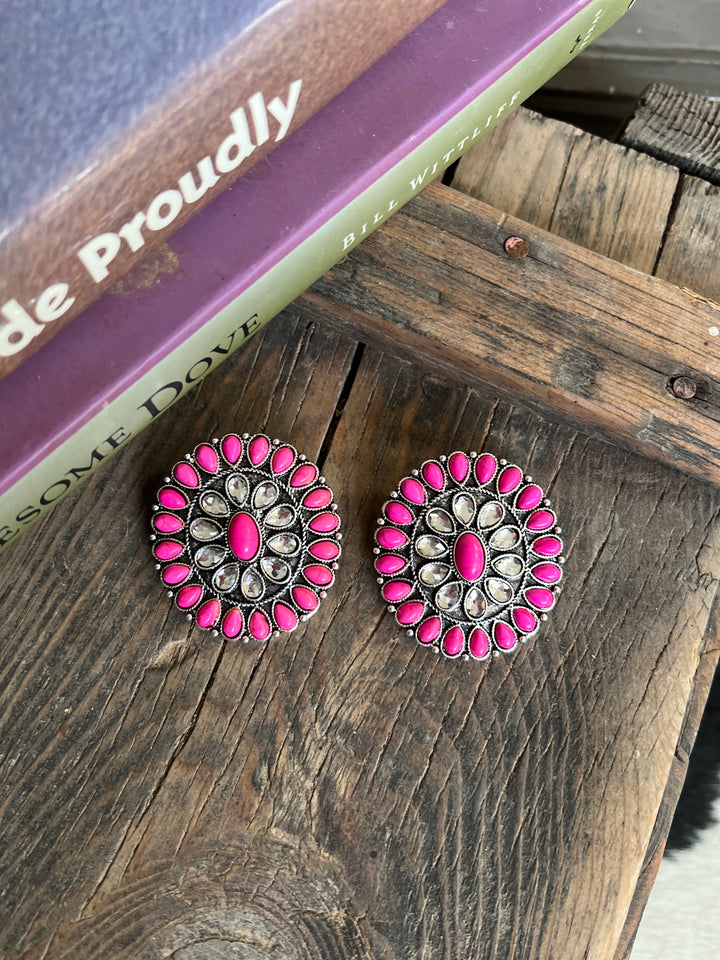 Large Pink And Rhinestone Cluster Post Earring