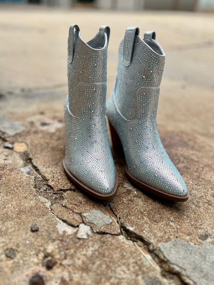 Tres' Rivers Silver Rhinestone Booties* | gussieduponline