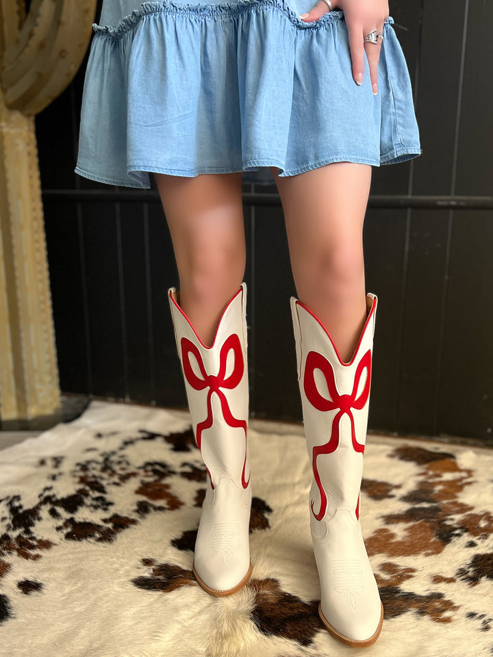 White and Red Bow Boots