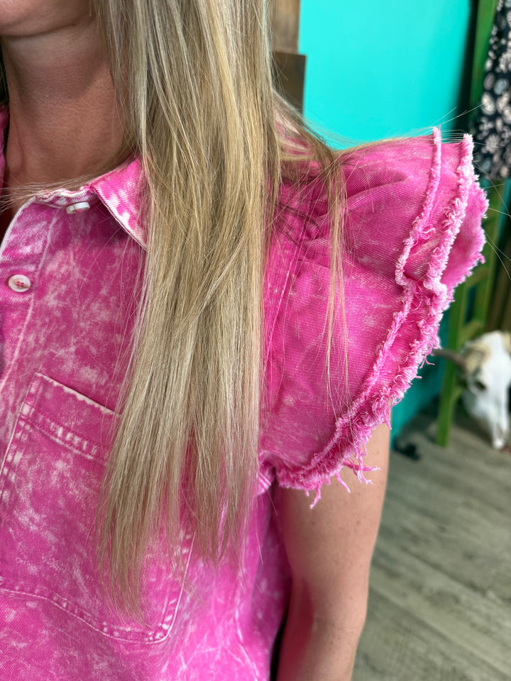 Mineral Washed Frayed Flutter Sleeve Buttoned UpTop - 3 Colors