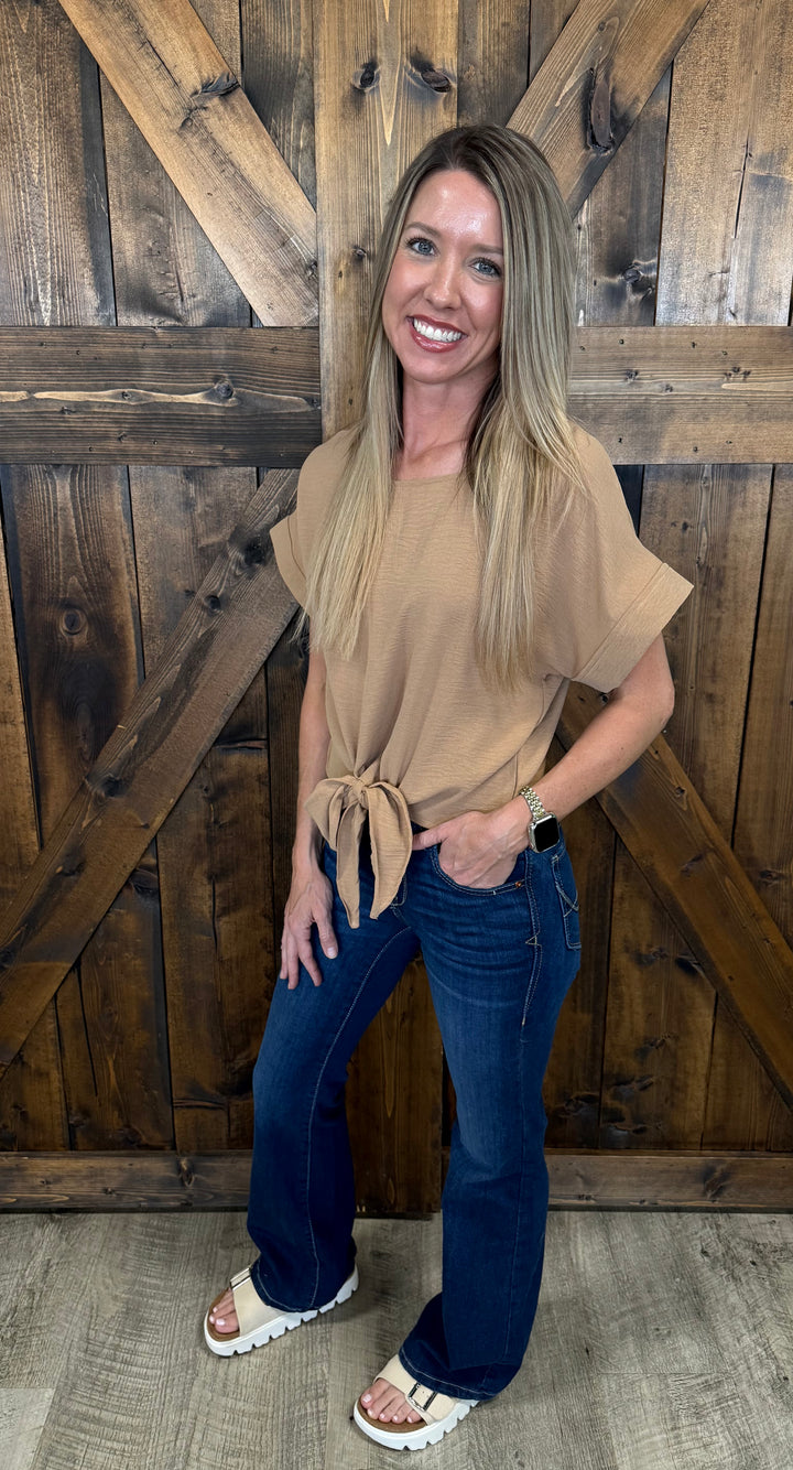 Round Neck Bowknot Hem Short Sleeved Top- 5 Colors