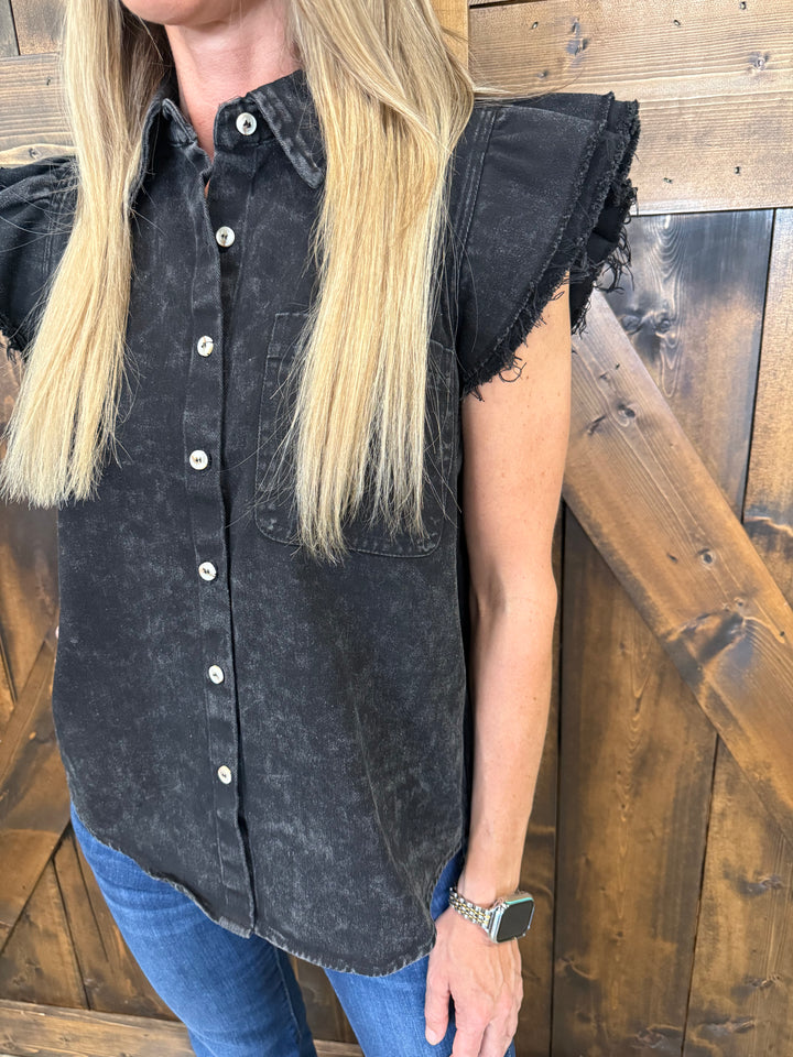 Mineral Washed Frayed Flutter Sleeve Buttoned UpTop - 3 Colors