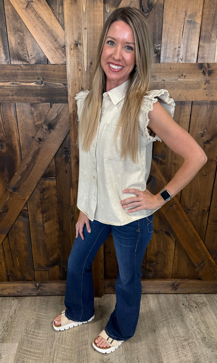 Mineral Washed Frayed Flutter Sleeve Buttoned UpTop - 3 Colors