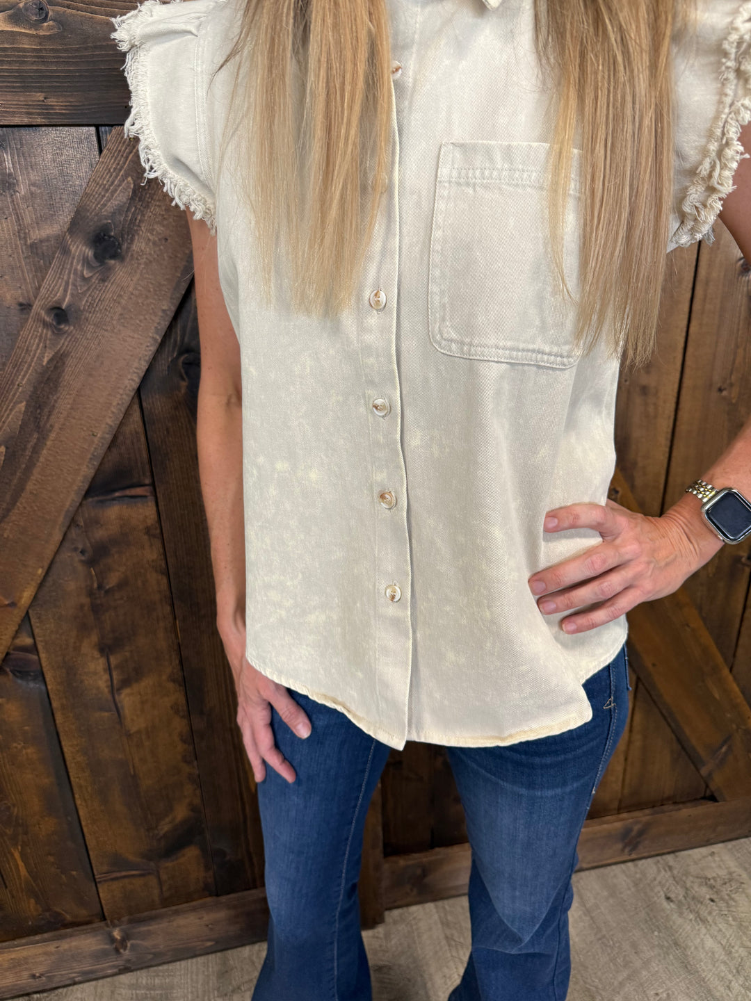 Mineral Washed Frayed Flutter Sleeve Buttoned UpTop - 3 Colors