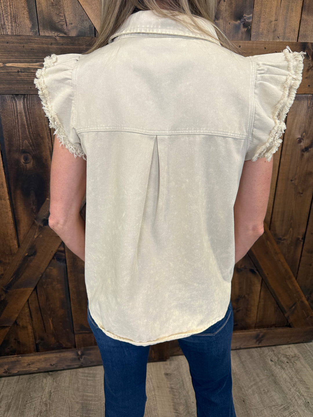 Mineral Washed Frayed Flutter Sleeve Buttoned UpTop - 3 Colors