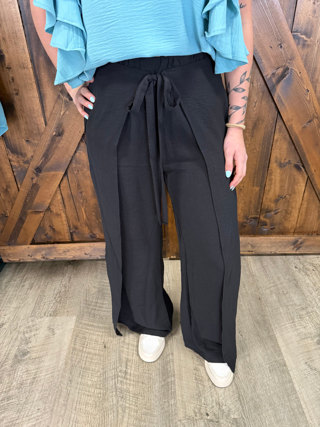Black Crinkle Wide Leg Palazzo Pants*