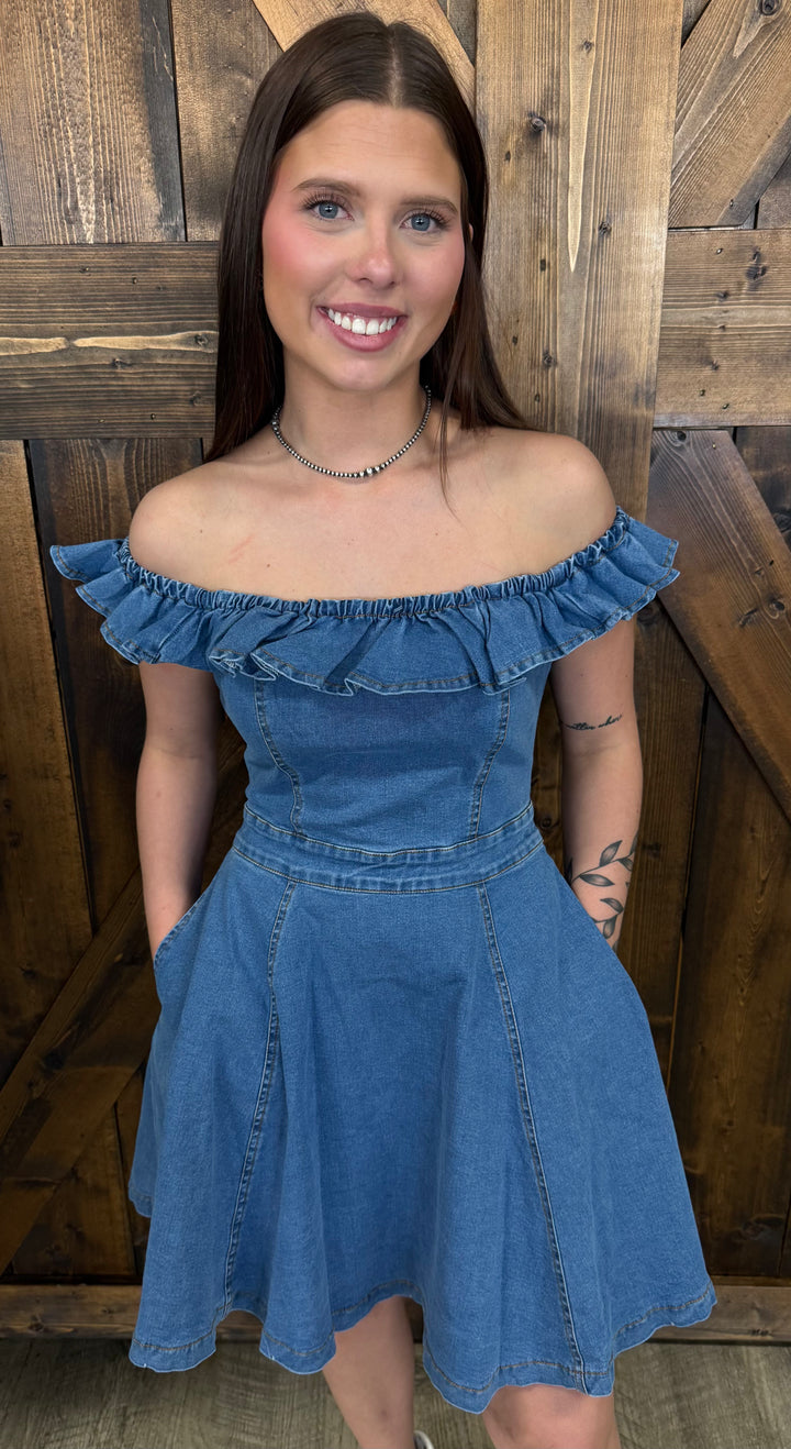 L&B Denim Off Shoulder Ruffle Dress