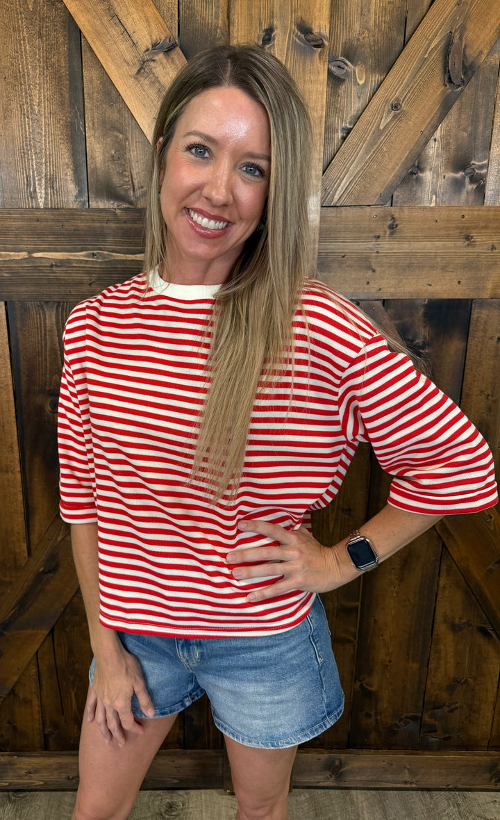Red Round Neck Striped Back Bow Tie Top