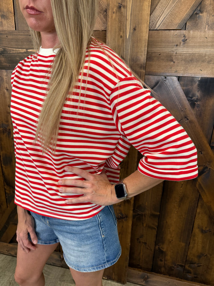 Red Round Neck Striped Back Bow Tie Top