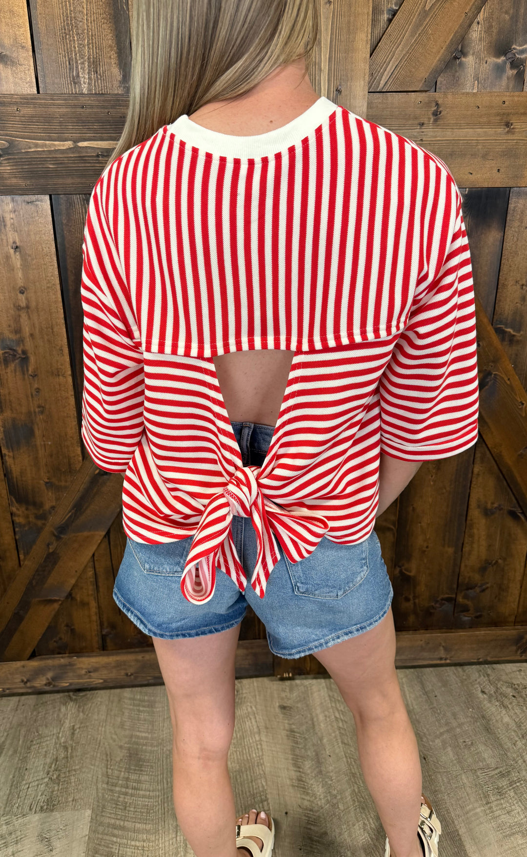 Red Round Neck Striped Back Bow Tie Top