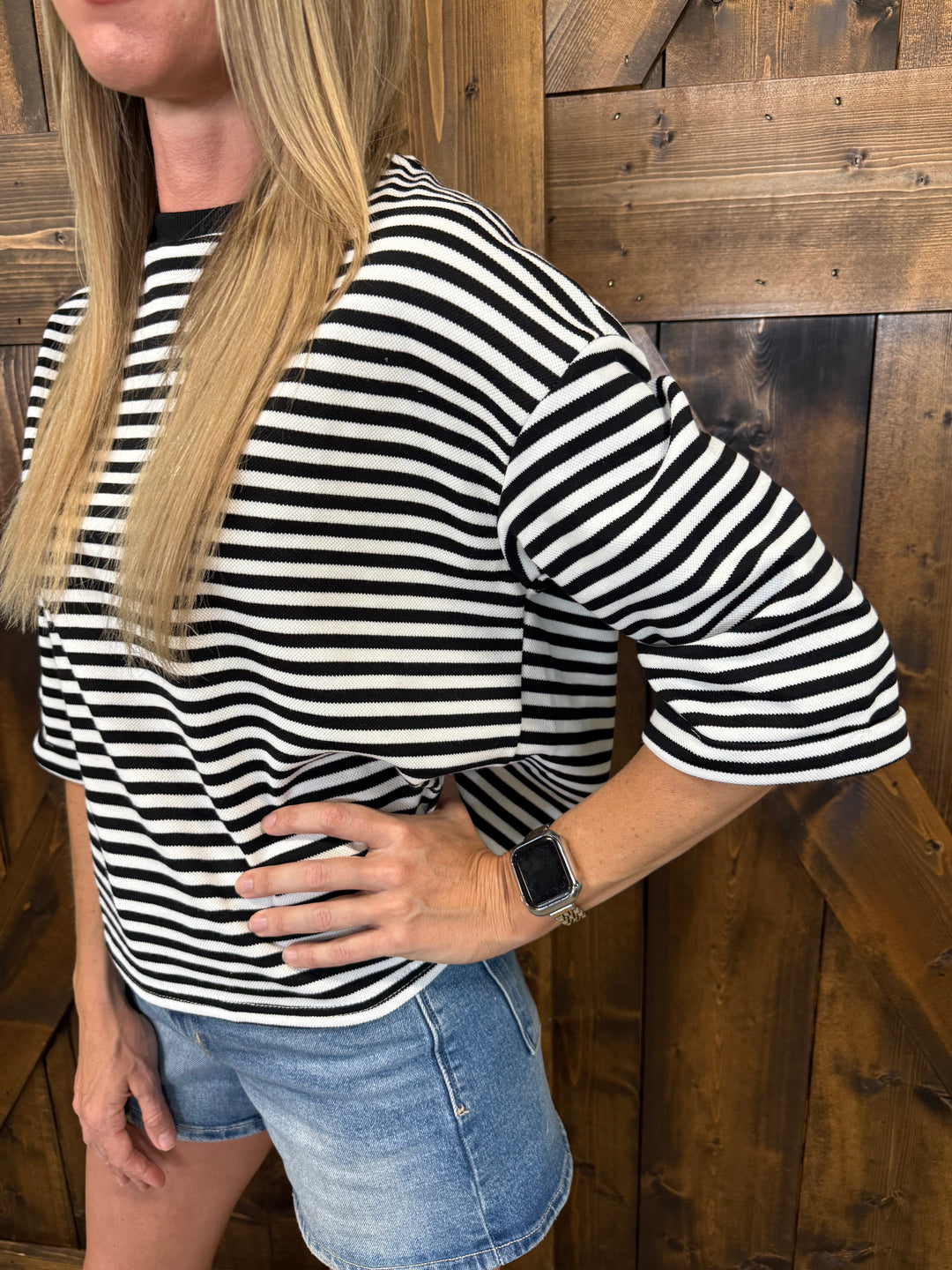Black Round Neck Striped Back Bow Tie Top