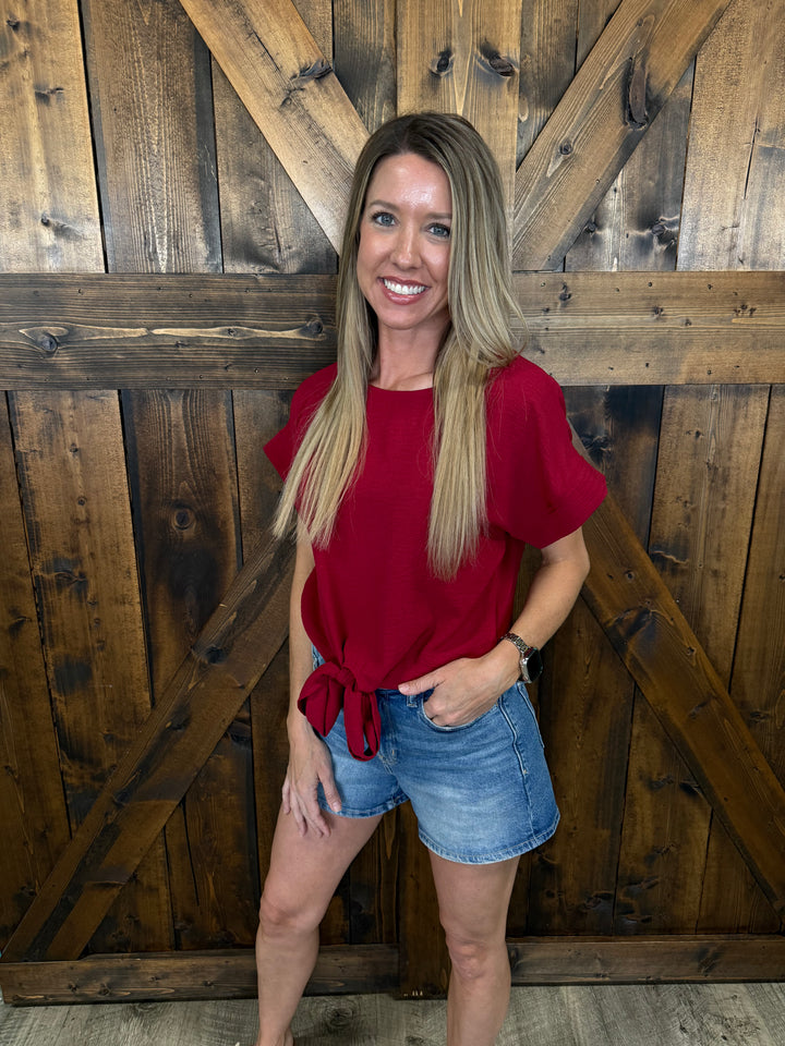 Round Neck Bowknot Hem Short Sleeved Top- 5 Colors