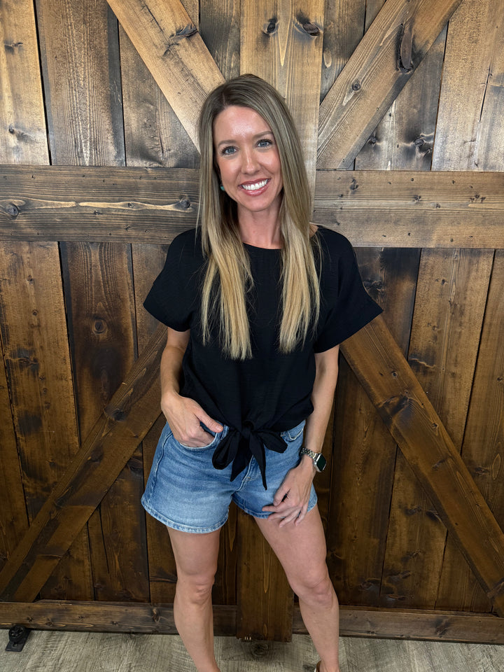 Round Neck Bowknot Hem Short Sleeved Top- 5 Colors
