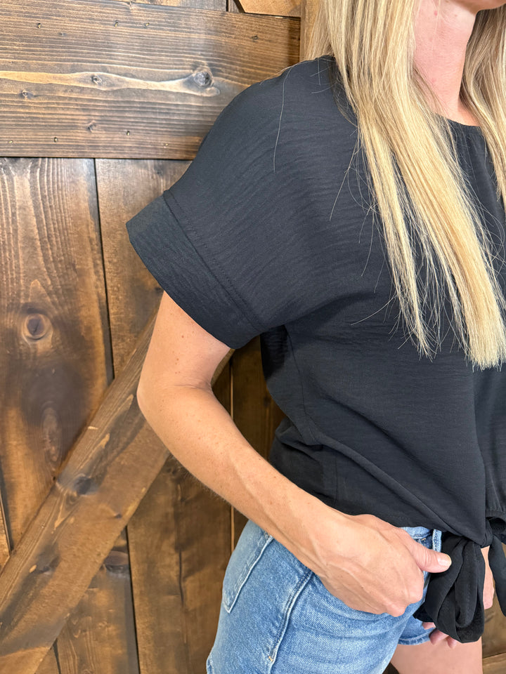 Round Neck Bowknot Hem Short Sleeved Top- 5 Colors