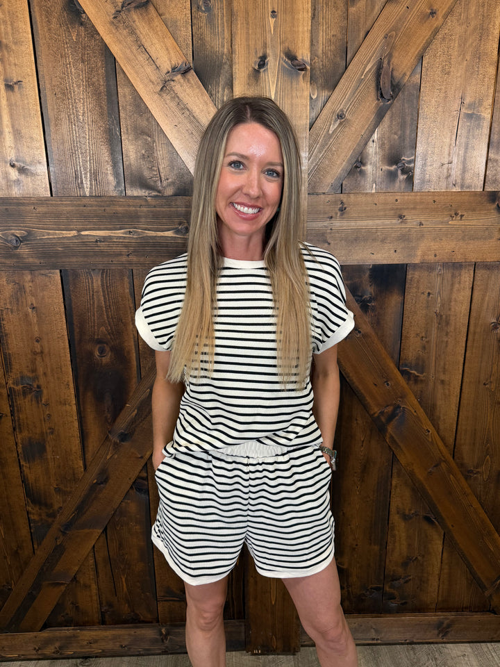 Apricot Round Neck Short Sleeved Striped Short Set