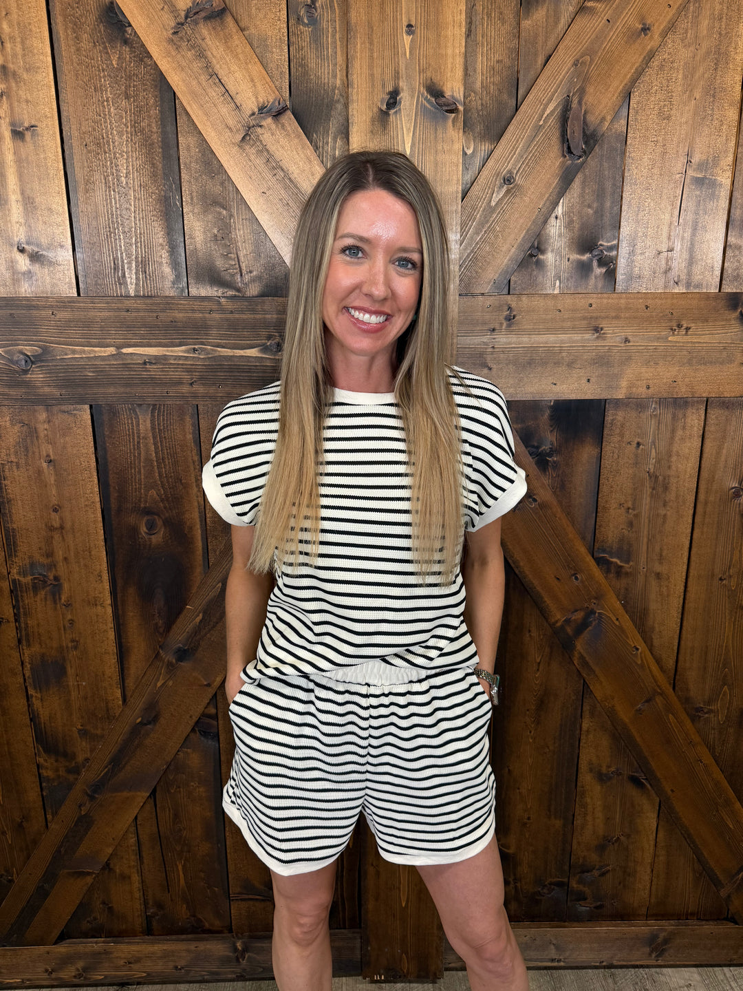 Apricot Round Neck Short Sleeved Striped Short Set