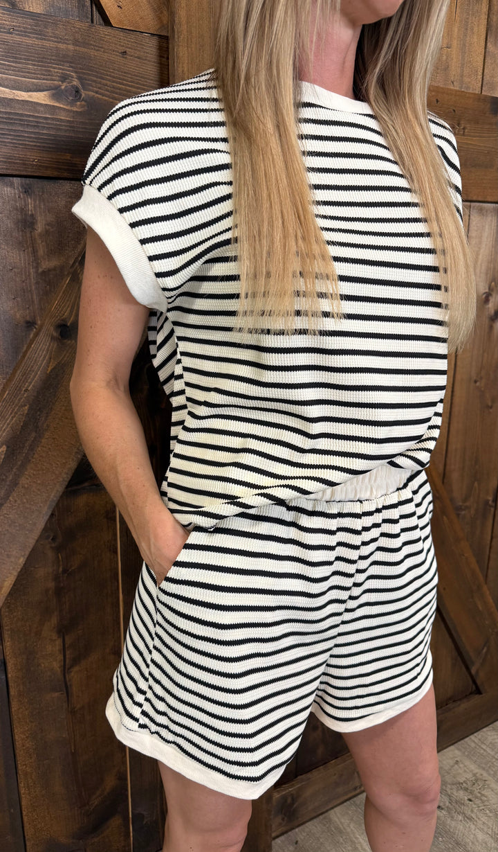 Apricot Round Neck Short Sleeved Striped Short Set