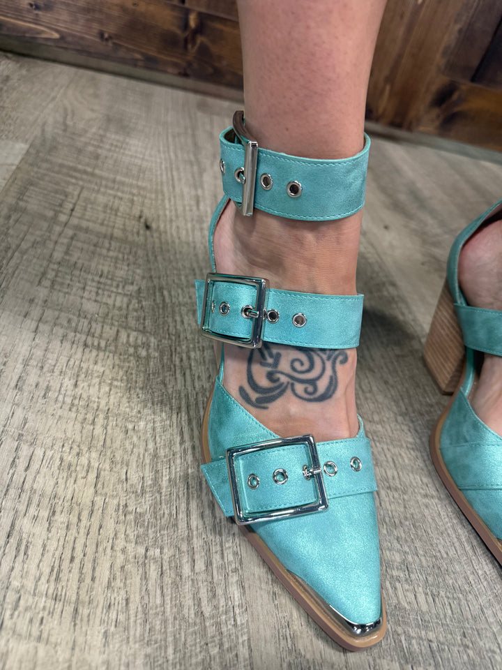 MiiM Pointed Toe Hollow Out Turquoise Hendrix Sandals
