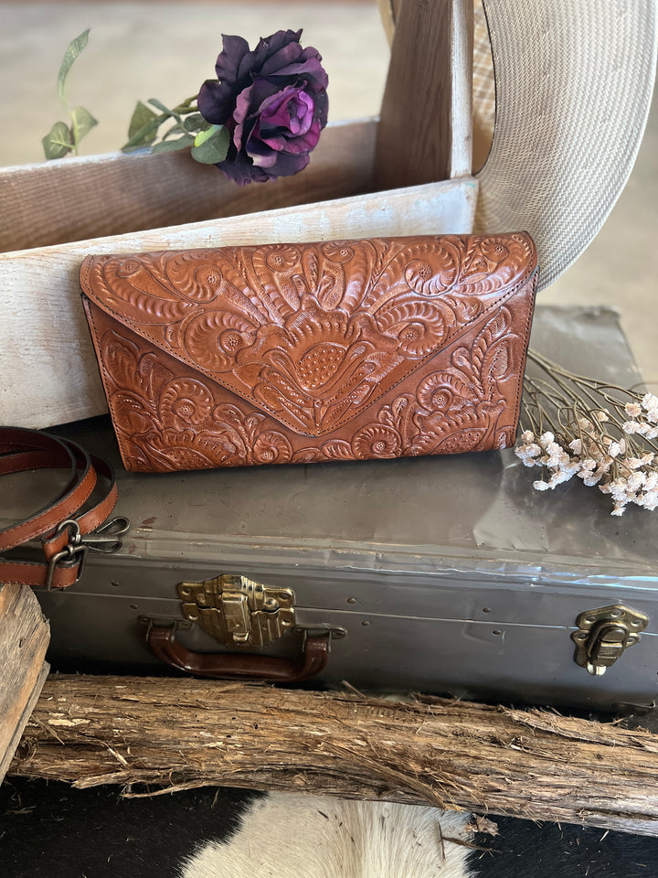 Agave Sky Light Brown Hand Tooled Lather Crossbody