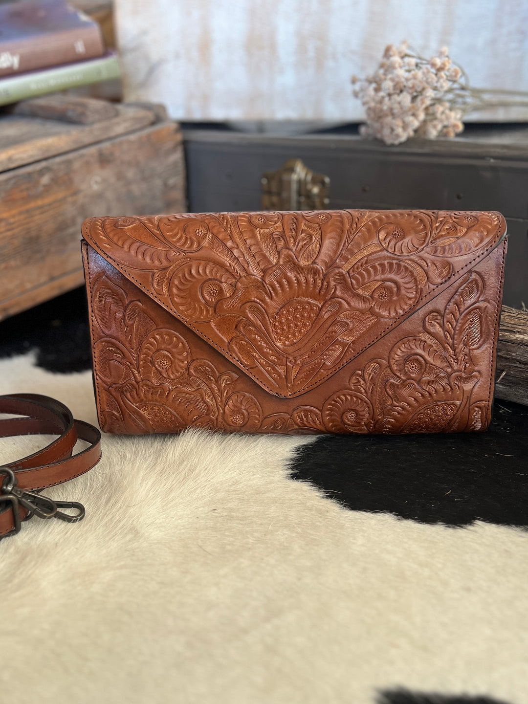 Agave Sky Light Brown Hand Tooled Lather Crossbody
